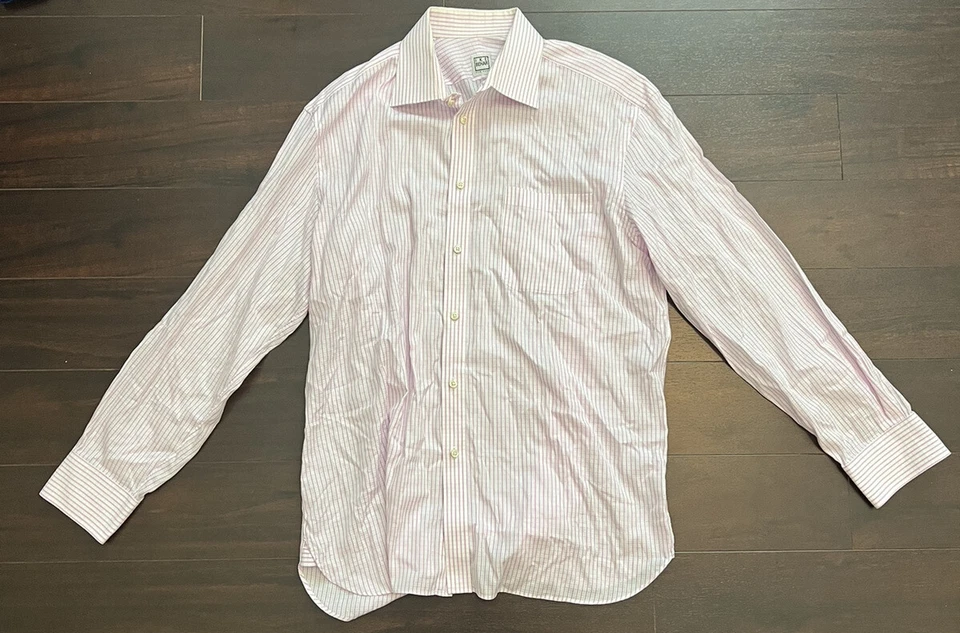 Camisa de vestir Ike Behar rosa a rayas 100 % algodón manga larga talla 16,5 - 34/35 Foto 1 de 3