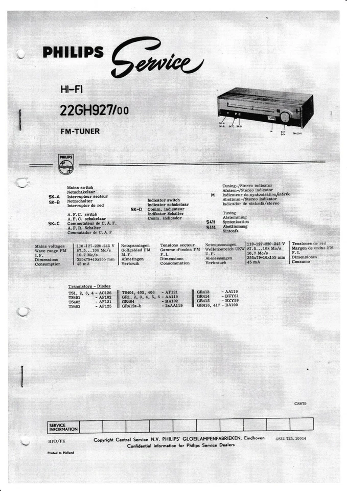 Servizio Manuale di Istruzioni per Philips 22 Gh 927 - Immagine 1 di 1