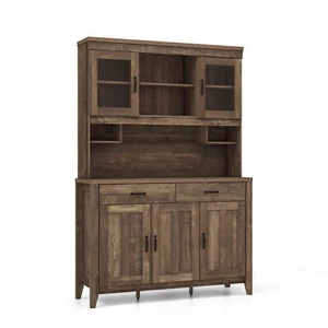 Kitchen Pantry Cabinet w/ Microwave Countertop Double Glass Doors 2 Drawers - Picture 1 of 10