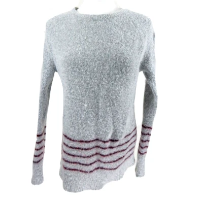 Theory Women's Small Sweater Fuzzy Knit Gray Red Stripe Crewneck Pullover - Image 1 of 3