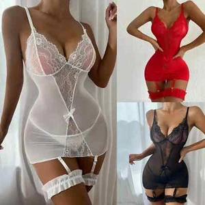 Spitze Babydoll Nachthemd - sexy Nachtwäsche mit Strumpfgürtel, Dessous Set für Damen - Bild 1 von 10