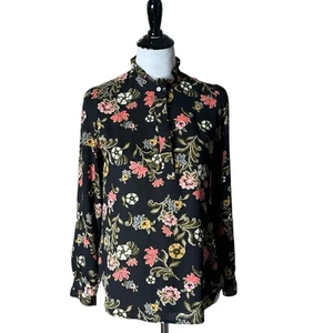 LOFT High Collar Long Sleeve Blouse Size S Petite Black Floral Office Casual - Picture 1 of 12