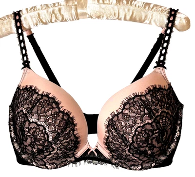 Victoria's Secret Dream Angels Push Up Deep Plunge Bra Pink Black Lace 34DD - Image 1 of 4