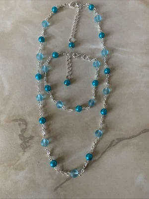 Silver Plated Teal & Blue Necklace & Bracelet Set - Image 1 of 4