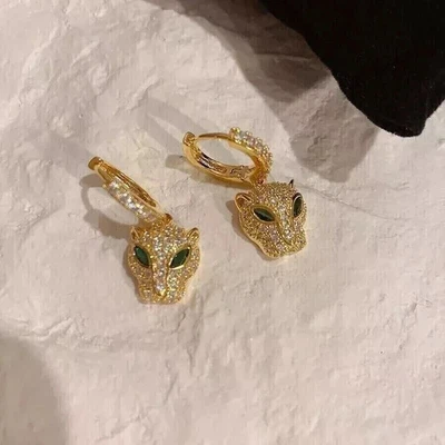 2Ct Marquise Lab Created Emerald Panther Hoop/Drop Earring 14k Yellow Gold Over - Image 1 of 4