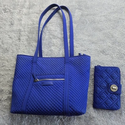 Vera Bradley Tote Bag And Wallet Large Midnight Blue Quilted Microfiber Pockets - Image 1 of 4