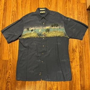 Island Scene Hawaiian Button Up Shirt Men Large Short Sleeve Beach Golf Aloha - Picture 1 of 6