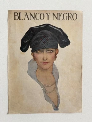 Antique Art Deco Blanco y Negro Magazine Cover – Elegant Woman in Velvet Hat - Image 1 of 2