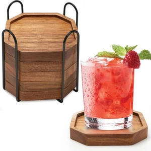 Cute Rustic Farmhouse Wooden Cup Coaster Set of 6 Cool Bar Drink Coasters wit... - Picture 1 of 7