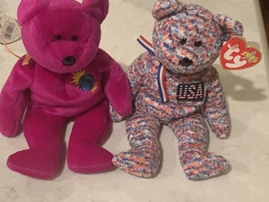 Lot 2 2000 TY Beanie Babies USA & Millennium Stuffed Toy Bear Small Used No Tag - Picture 1 of 8