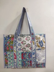 Block Multicolor Printed Indian Handmade Quilted Tote Bag Cotton Beach Wear Bag - Picture 1 of 5