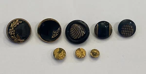 8 small vintage buttons, black and gold designs - Picture 1 of 7