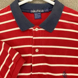 Nautica Polo Shirt Mens Large Short Sleeve Red White Stripe Cotton Pullover - Picture 1 of 12