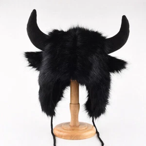 Men Faux Fur Beanie Hat Cap Cute Fancy Dress Ox Horn Ear Women Winter Warm - Picture 1 of 11