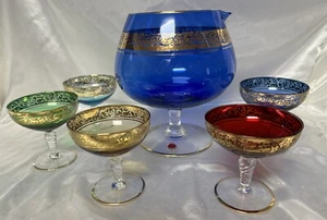 Vtg MCM Cocktail Decanter w 5 Gem Glasses - Stunning Jewel Colors 1950-60s ITALY - Picture 1 of 21