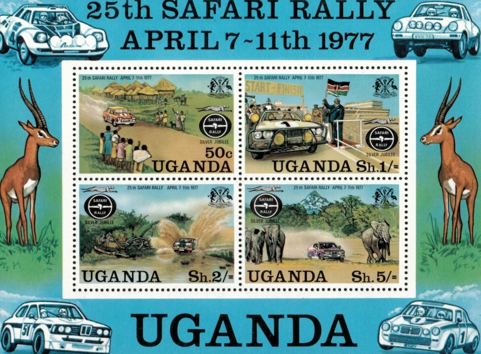 Uganda 1977 - Coches de safari - Hoja de estampillas de recuerdo - Scott #170A - MNH Foto 1 de 1