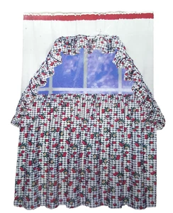 Strawberry Window Curtain Tier Panels and Swag Set Black White Check Plaid - Picture 1 of 9
