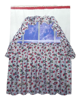Strawberry Window Curtain Tier Panels and Swag  Set Black White Check Plaid  - Image 1 of 4