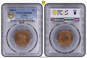 France FDC: full RED GEM BU 5 centimes Cérès 1888 A PCGS MS65RD - Picture 1 of 1