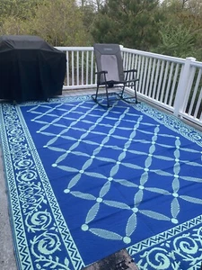 Large Deck RV Mat Reversible Rug 9 x 12 ft Outdoor Camping Blue Teal Beach Mat - Picture 1 of 23