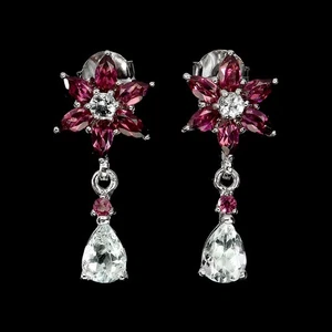 925 Sterling Silver Earrings Pear Aquamarine 7x5mm Rhodolite Gemstone Jewelry - Picture 1 of 13