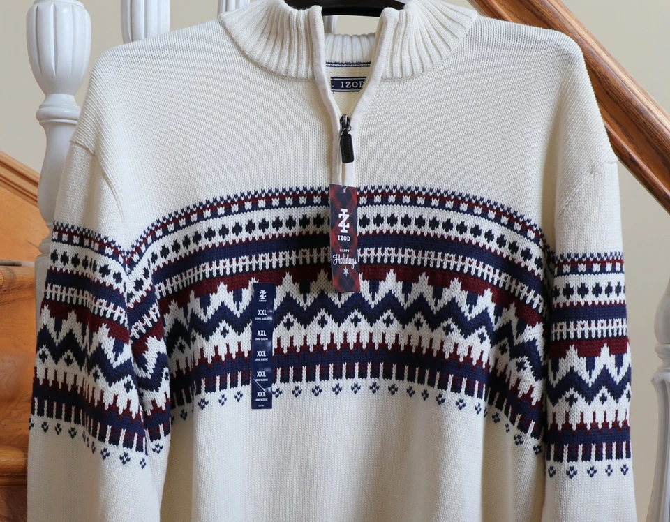 NUEVO $65 Izod Fair Isle Tejido 1/4 Cremallera Suéter Pullover Vacaciones Esquí Para hombres XXL 2X Foto 1 de 4