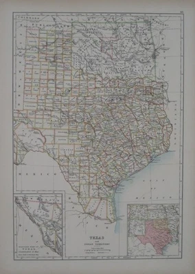 Mapa Original 1890 TERRITORIO INDIO DE TEXAS "TIERRA DE NADIE" Ferrocarriles Asientos del Condado Foto 1 de 4