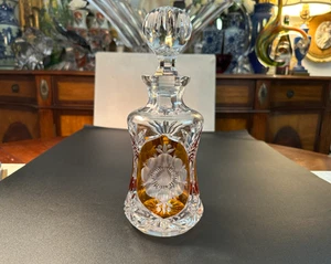 RARE MCM Bohemian 10.5''H Cut Crystal Decanter &Stopper w/ Orange Floral Pattern - Picture 1 of 10