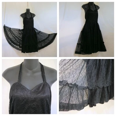 vtg 50s Black Lace Halter Tiered Full Swing Dress Satin Lining 26" Waist S Party - Image 1 of 4