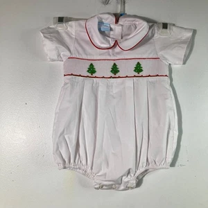 Vintage Petit Bebe Hand Smocked Embroidered One Piece 12M Christmas Trees - Picture 1 of 5