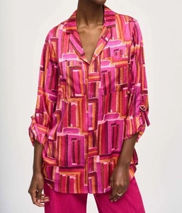 Joseph Ribkoff geometric roll-tab button-down blouse size M - Picture 1 of 4
