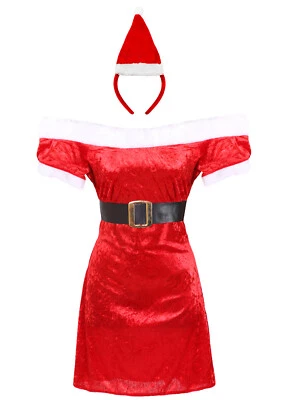 LADIES VELOUR MISS SANTA DRESS HEADBAND MRS CLAUS CHRISTMAS XMAS FANCY DRESS - Image 1 of 4