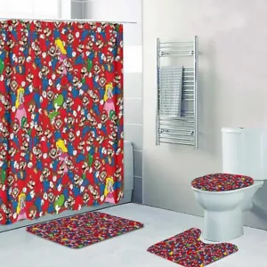 New! Super Mario Bros Collage Print Shower Curtain Bath Mat Toilet Lid Cover Mat - Picture 1 of 9