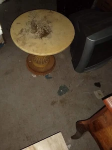 Vintage Marble Top Side Table, End Table with Wooden Pedestal Base, Round Broken - Picture 1 of 2