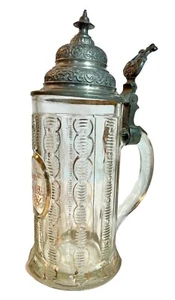Antique Cut Glass Beer Stein Mug Crystal Glass Pewter Lid Etched Painted German - Picture 1 of 14
