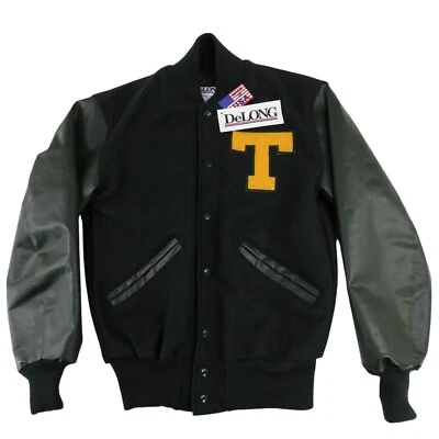 New With Tags Delong Men's Size Small Letterman Jacket Dark Green Wool & Leather - Image 1 of 4