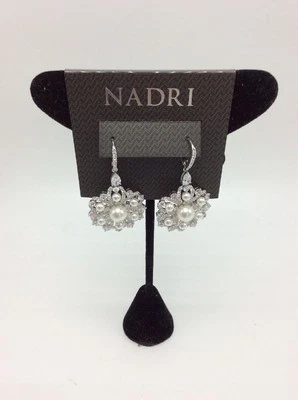 $125 Nadri Silver Tone pearl  flower  Large  Teardrop statement  Earrings n30 - Image 1 of 4