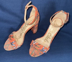 Sandalias Sam Edelman YARO Tacones Punta Abierta Correa al Tobillo Talla 7.5 Naranja Estampado Floral - Imagen 1 de 8