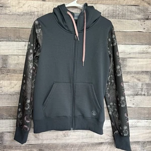 Volcom Women's Full Zip Gray Floral Sleeve Hooded Sweatshirt Sz. Small - Picture 1 of 7