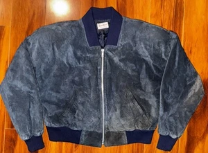 Chaqueta Bomber Neiman Marcus Vintage Años 80 Mujer Gamuza Francia Azul Marino Cuero Pequeña - Imagen 1 de 10