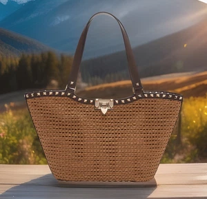 AUTH NWT $2750 Valentino Garavani Rockstud Small Woven Raffia Tote In Tabacco - Picture 1 of 24
