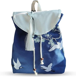 Zaino donna Fandare ricamo borsa scuola stile etnico tela gru bianca - Foto 1 di 4