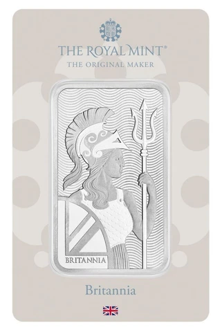 The Royal Mint Britannia 100 Gram .999 Fine Silver Minted Bar in Assay/Card Cover
