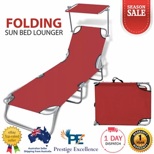 Outdoor Folding Sun Lounge Bed Canopy Shade Red Beach Chair Portable Lounger NEW - Picture 1 of 8