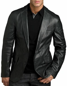 Men's Leather Blazer Coat Genuine Lambskin Leather TWO BUTTON Black Blazer-18 - Picture 1 of 12