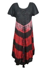 Black,Red Tie Dye Dress Loose Flared Holiday Beach Cover Up Holiday Dresses L