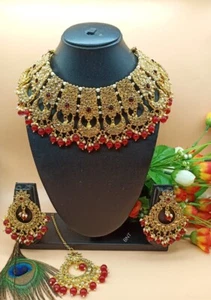 Indian Padmavati Wedding Gold Plated Ethnic Kundan Polki Necklace Set - Bild 1 von 8