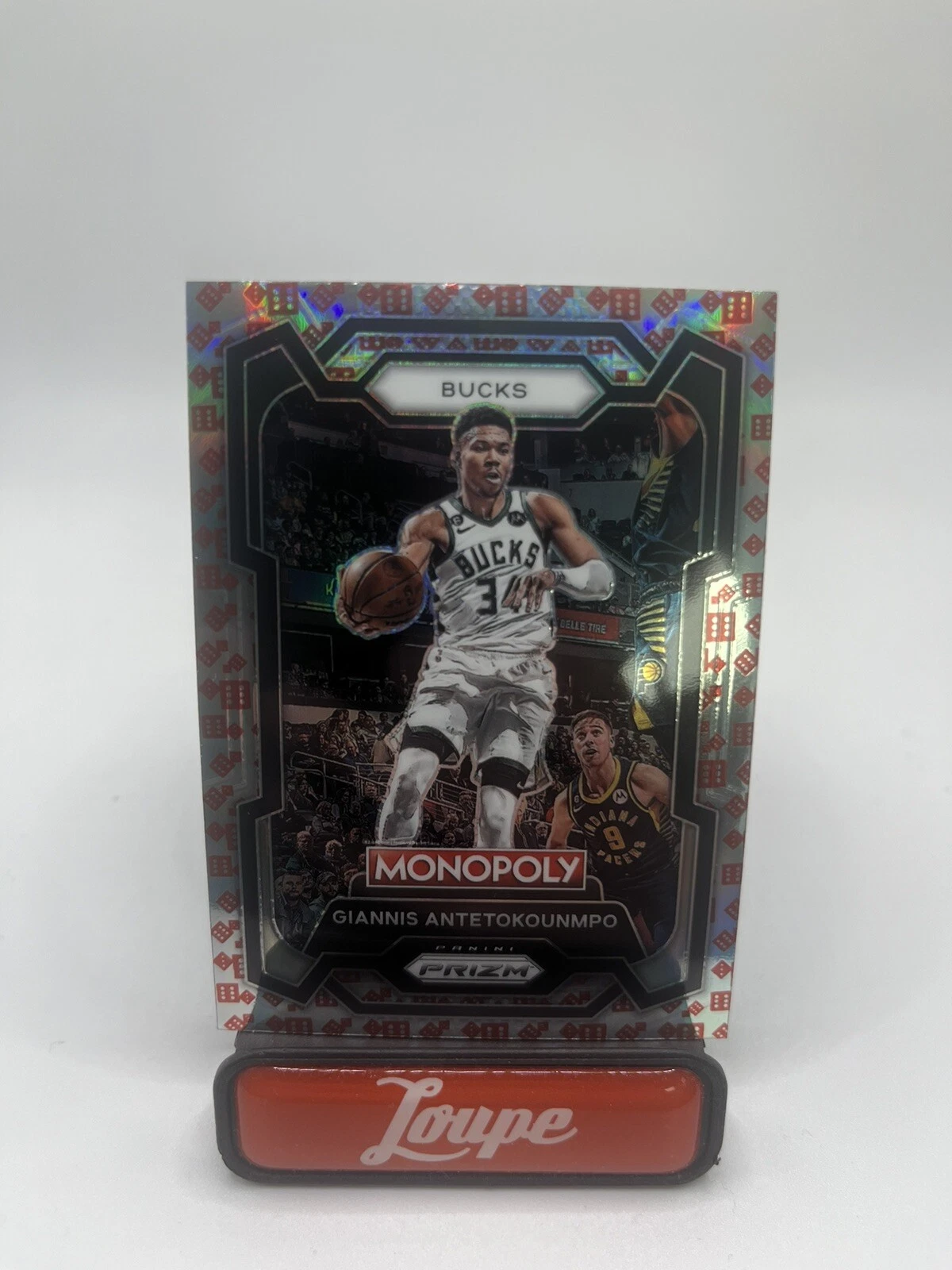 Giannis Antetokounmpo 2023-24 Panini Prizm Monopoly Red Dice Prizm SP #49 Bucks