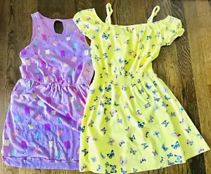 Girls Lot Of 2 Size 6 - 7 Spring Summer Smocked Dresses Purple Yellow Butterfly - Picture 1 of 9