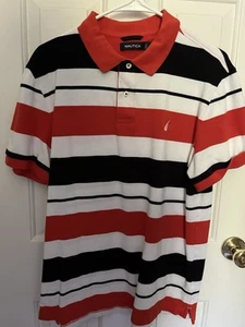 Nautica Polo Shirt Mens L Orange Blue White Stripe Short Sleeve Cotton Pullover - Picture 1 of 8